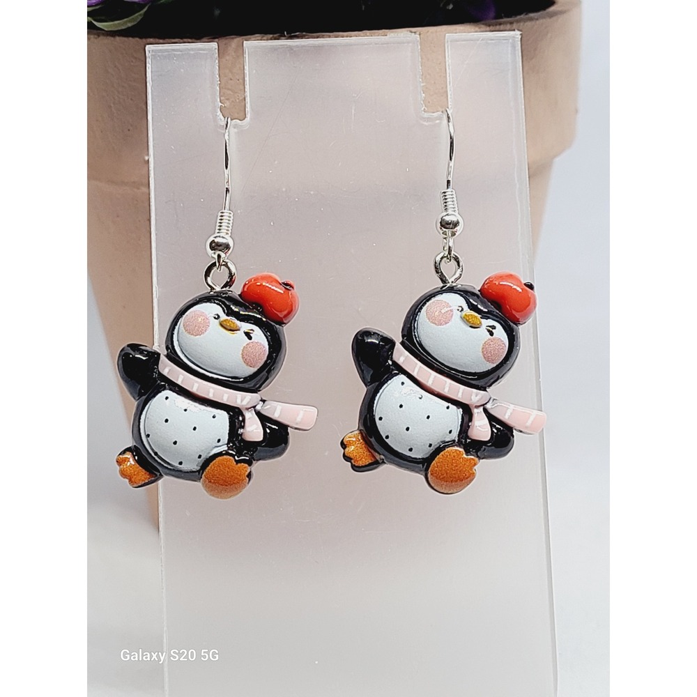 Penguin with Red‎ Beret and Scarf Winter Drop Earrings Silver Tone Hooks NEW